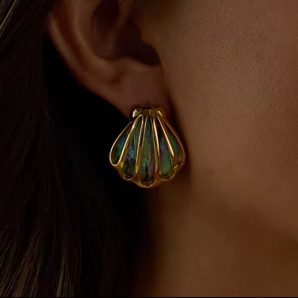 Ocean Shell Colored Earrings 18K Gold Color Plated Stainless Steel - Picture 4 of 12